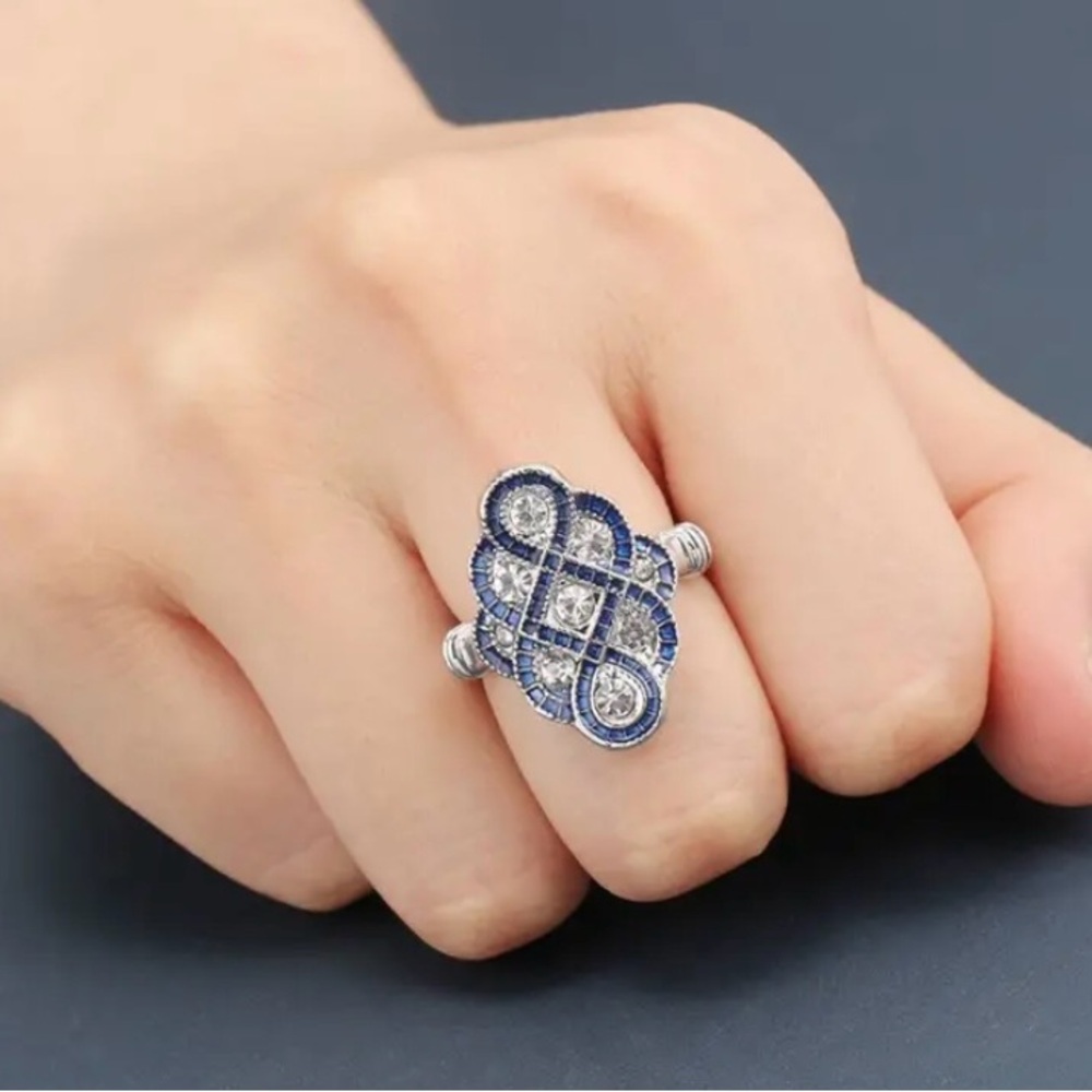 Silver-tone Blue and Clear Crystal Statement Ring - Women's Fashion Jewelry 9